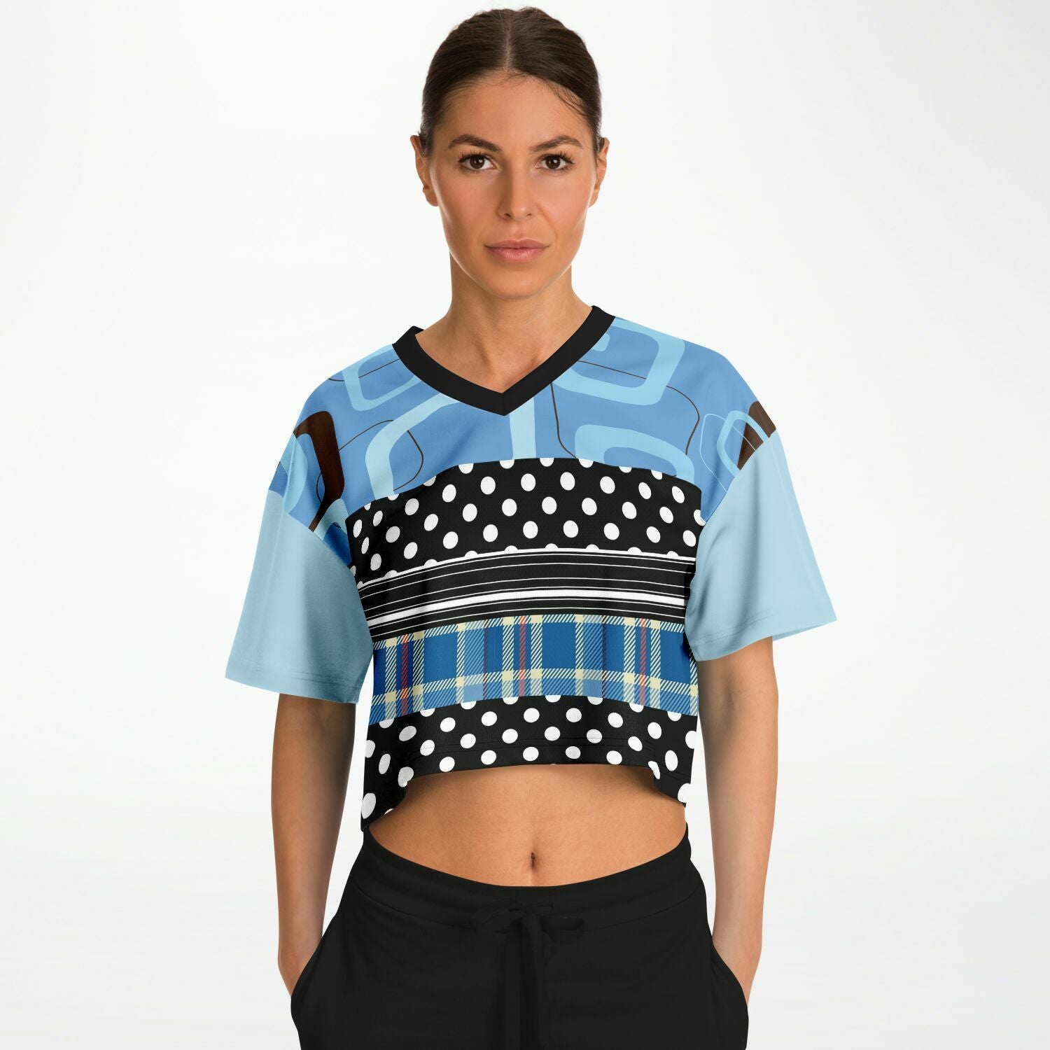 Pacific Palisades Blue Patchwork Crop Jersey