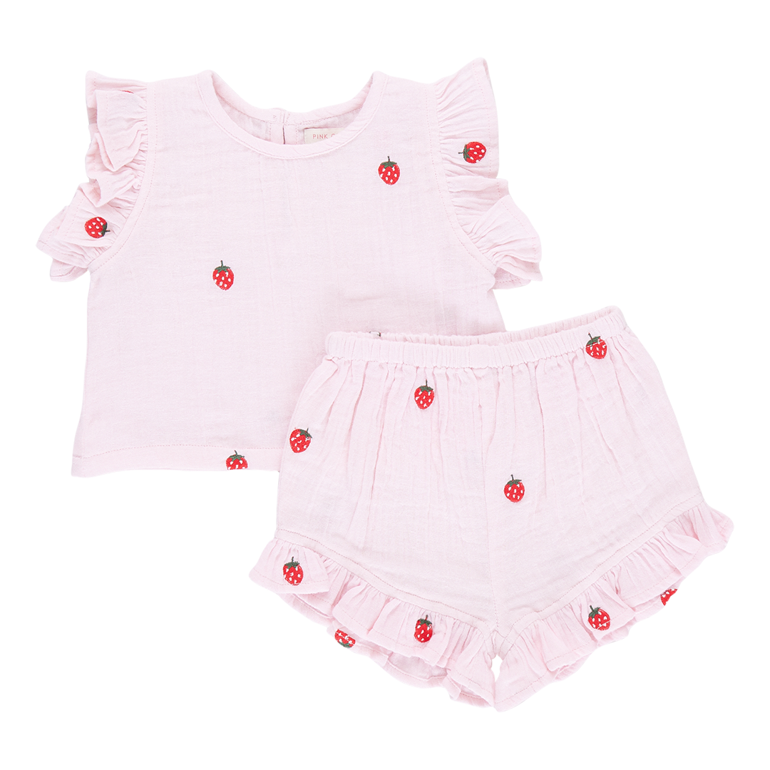 Pink Chicken Baby Girls Roey 2-Piece Set - Strawberry Embroidery