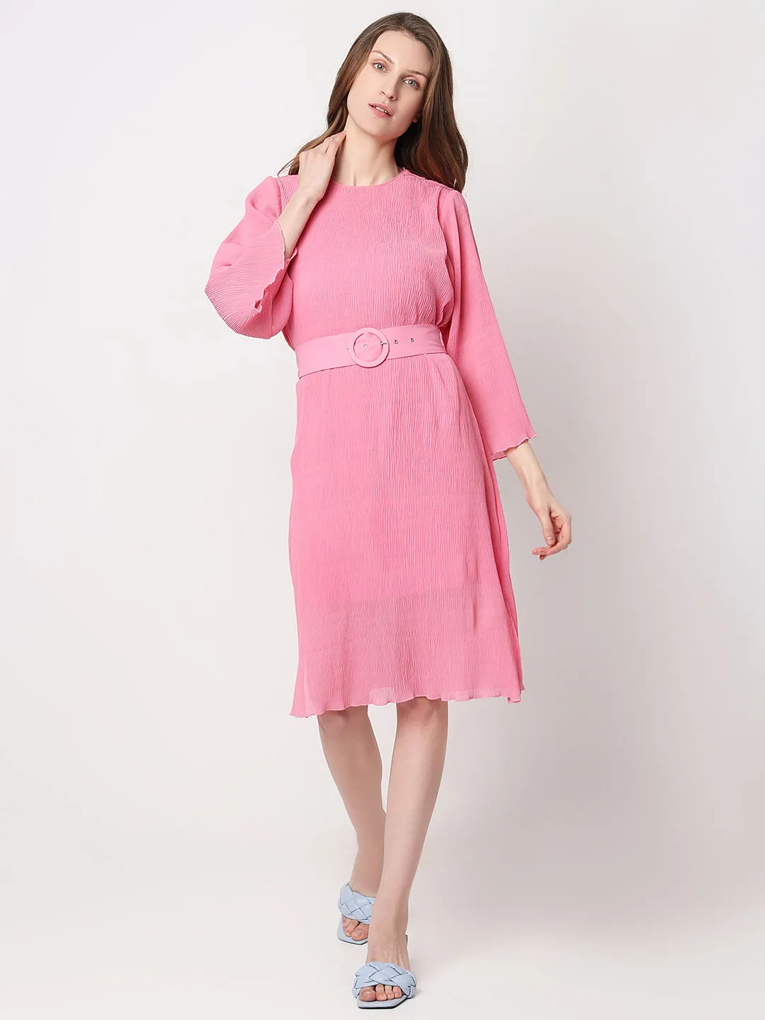 Pink Plisse Pleats Midi Dress