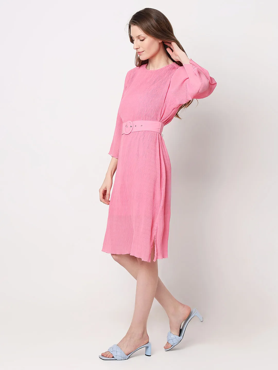 Pink Plisse Pleats Midi Dress