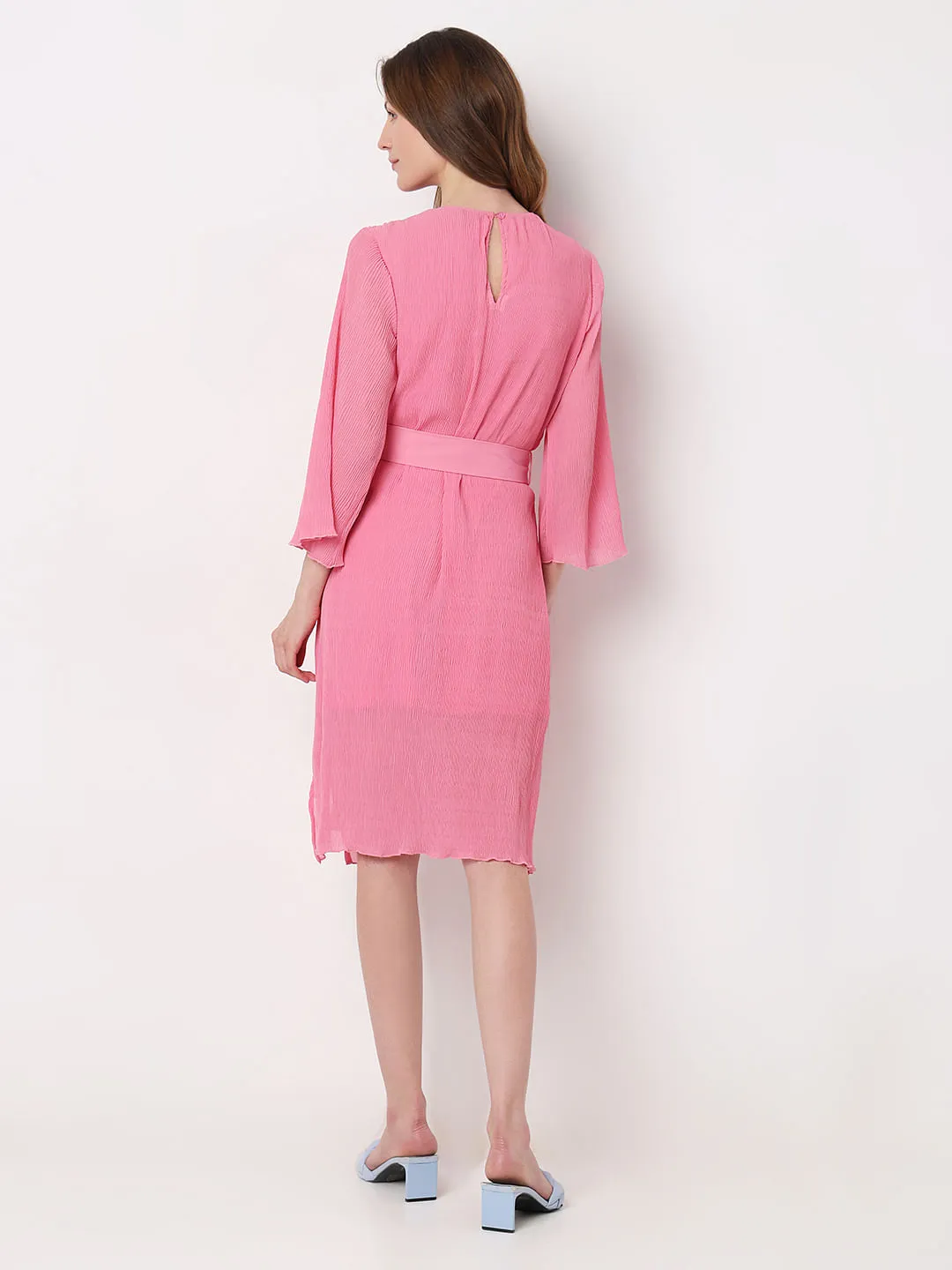 Pink Plisse Pleats Midi Dress