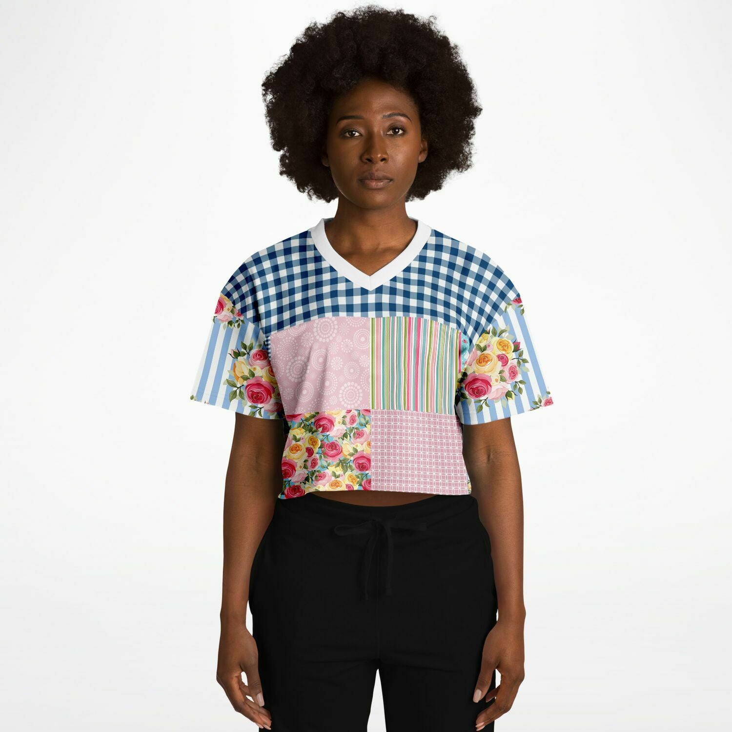 Pink Sherbert Floral Patchwork Plaid Crop Jersey