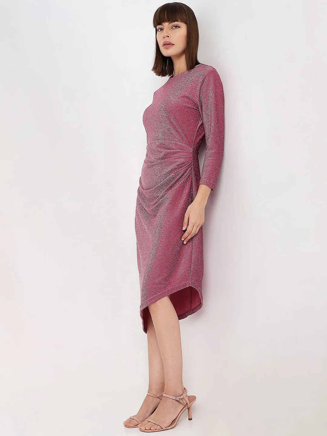 Pink Shimmer Asymmetric Midi Dress