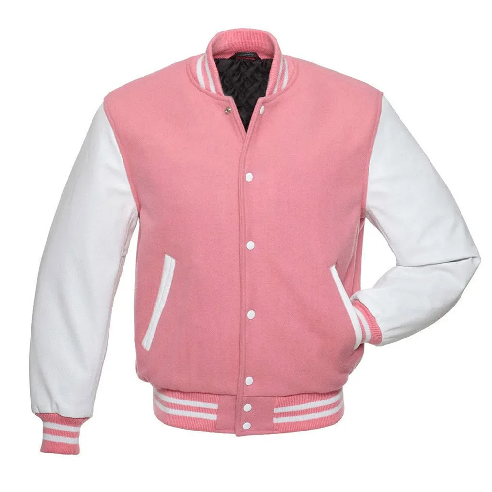 Pink Varsity Jacket with White Leather Sleeves