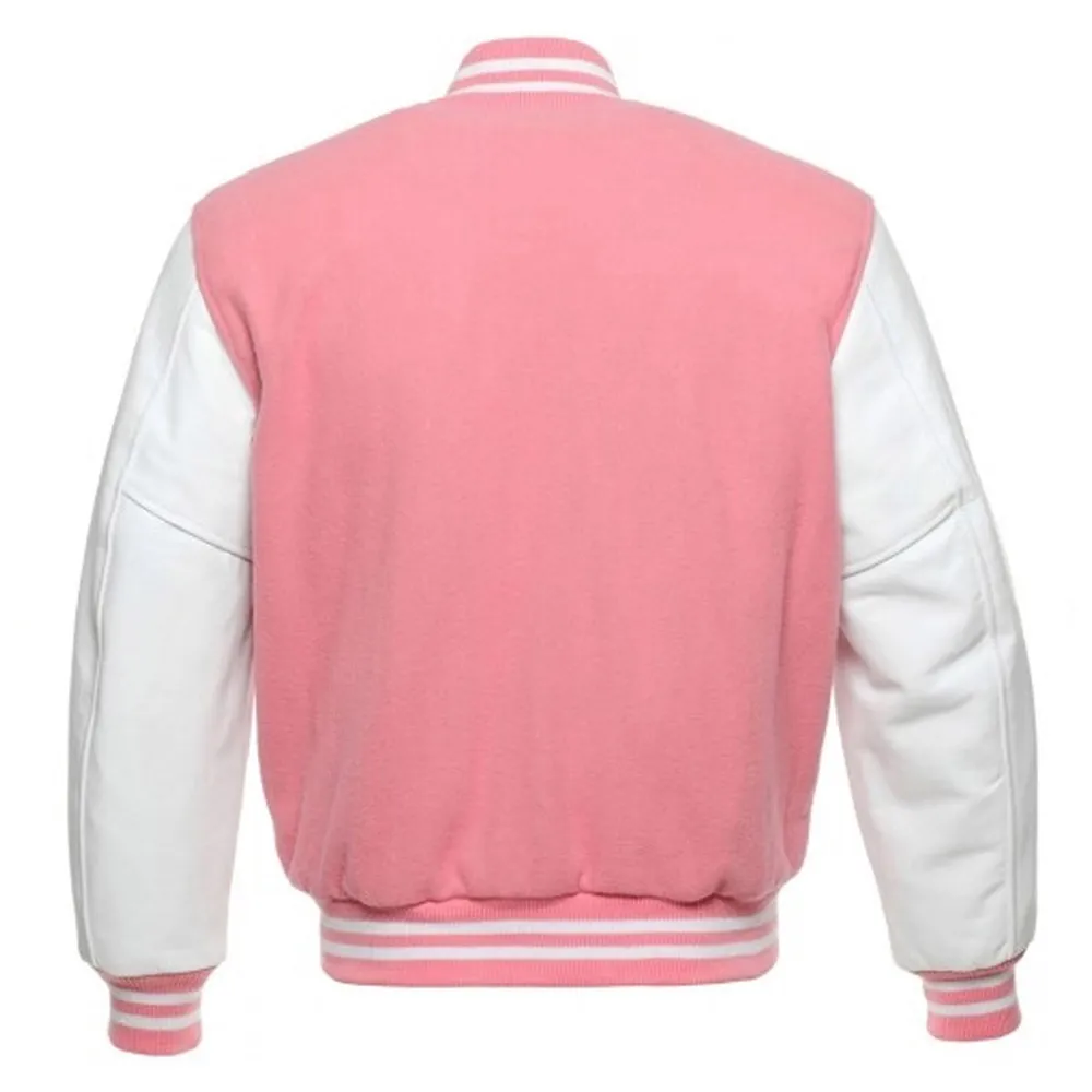 Pink Varsity Jacket with White Leather Sleeves