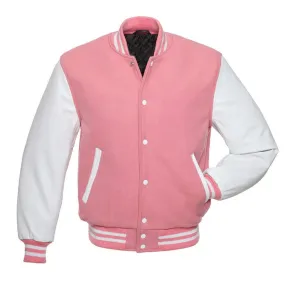 Pink Varsity Jacket with White Leather Sleeves