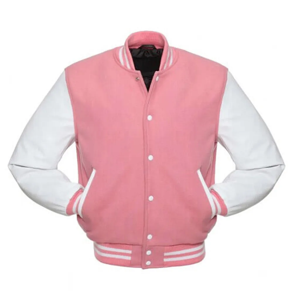 Pink Varsity Jacket with White Leather Sleeves