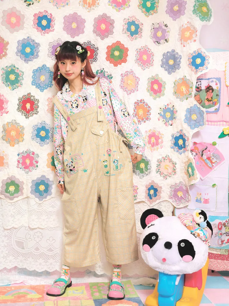 Plaid Panda Embroidery Loose Overalls