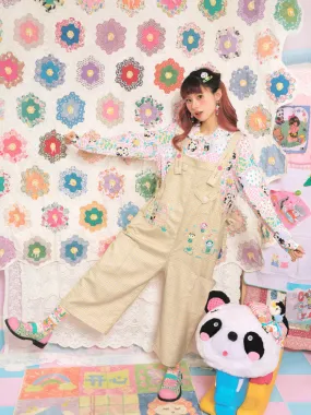 Plaid Panda Embroidery Loose Overalls