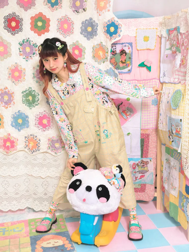 Plaid Panda Embroidery Loose Overalls