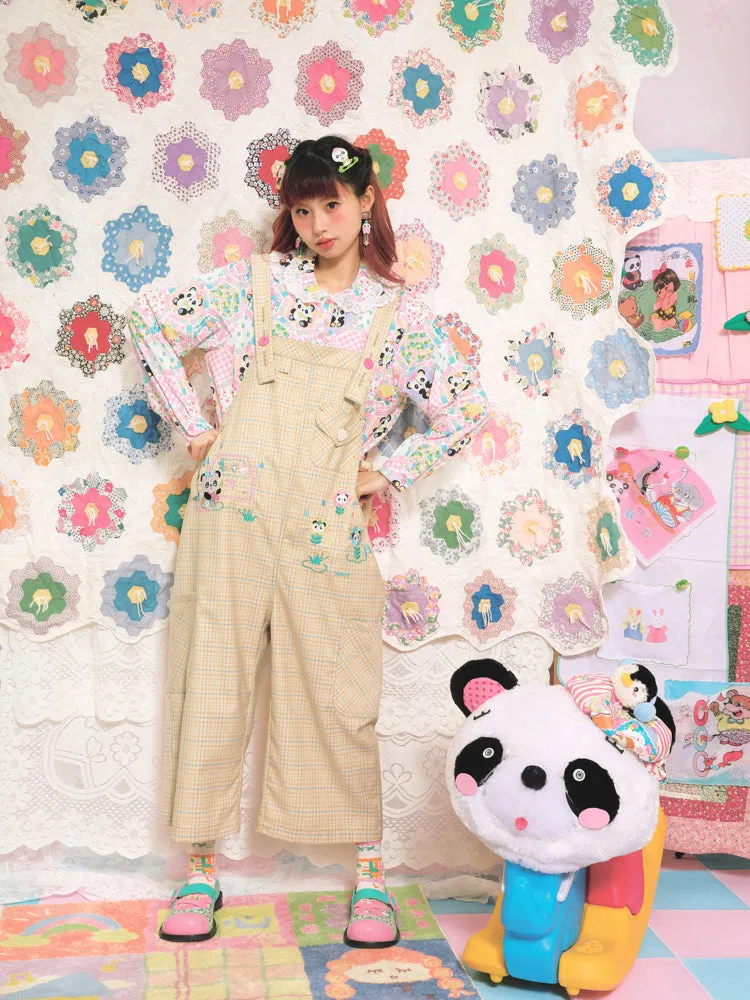 Plaid Panda Embroidery Loose Overalls