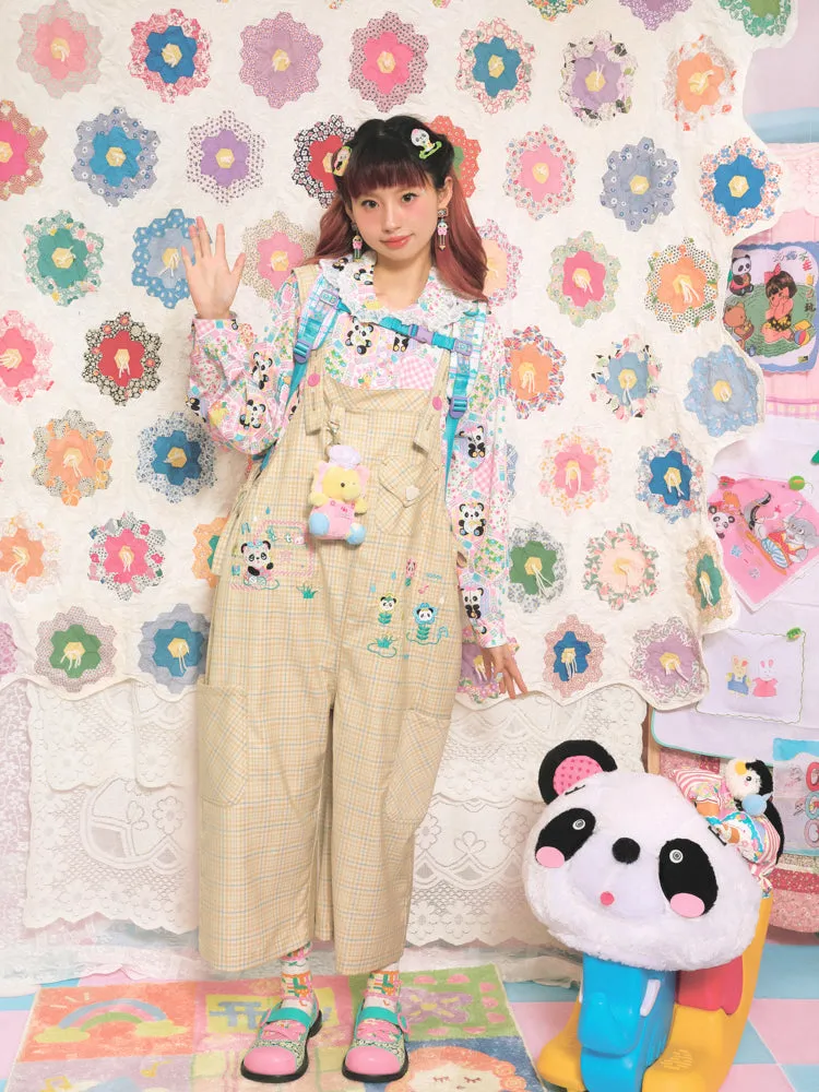 Plaid Panda Embroidery Loose Overalls