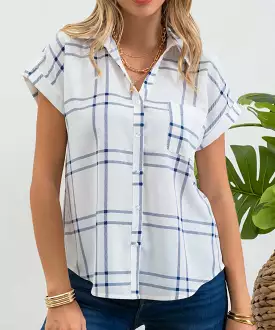 Plaid Short Fold Sleeve Button Down Shirt - Blue