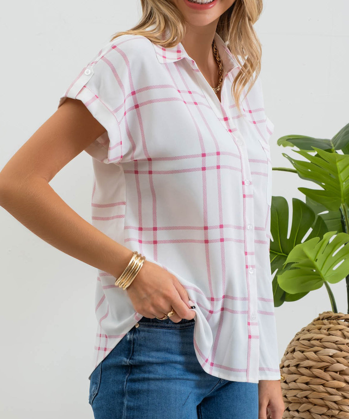 Plaid Short Fold Sleeve Button Down Shirt - Pink