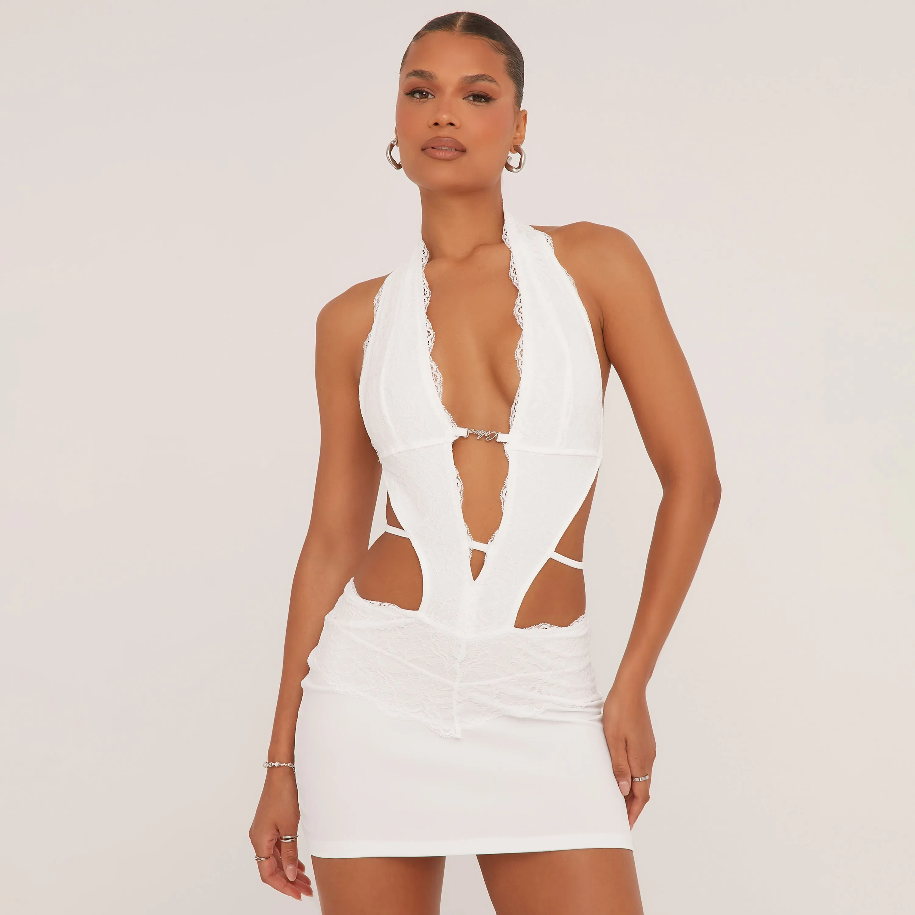 Plunge Cut Out Front Sleeveless Mini Bodycon Dress In White Lace