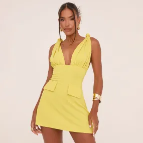 Plunge Knotted Strap Detail Tailored Mini Bodycon Dress In Lime Green