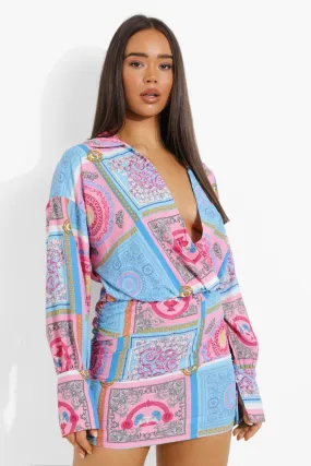 Plunge Ruched Side Scarf Print Dress