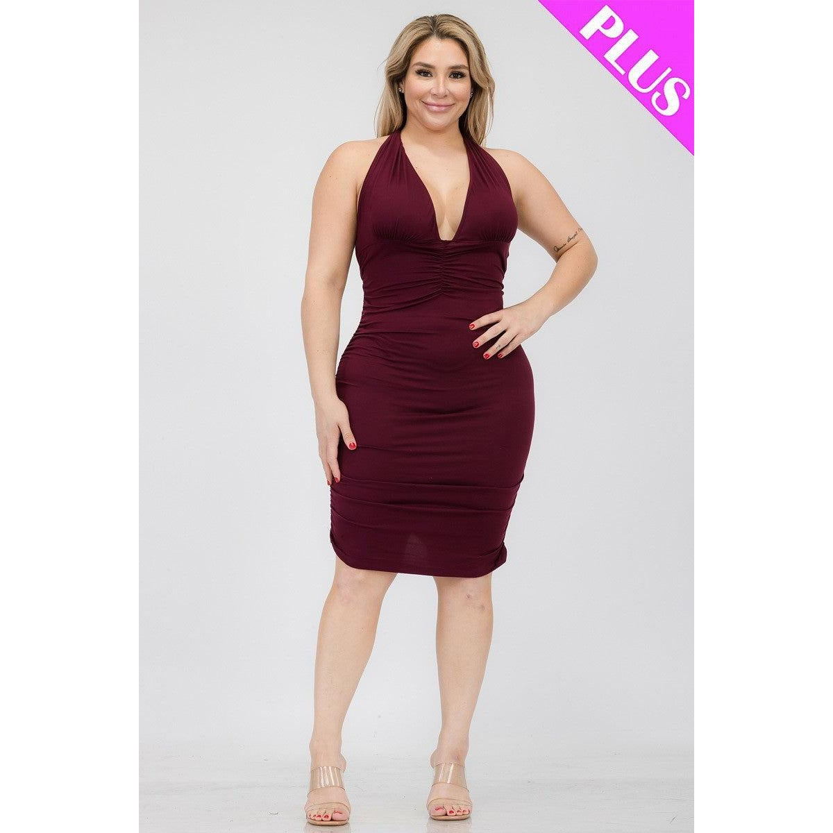 Plus Plunging Neck Crisscross Back Ruched Bodycon Mini Dress