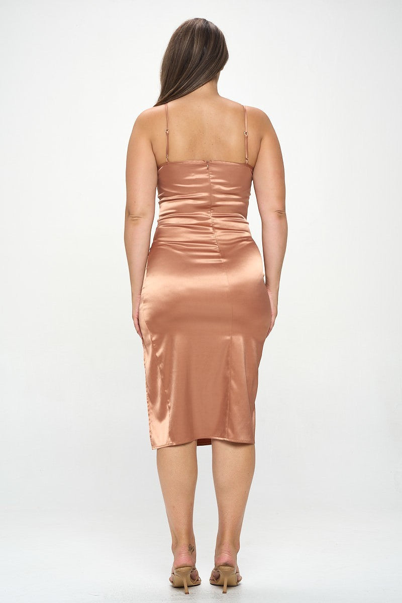 Plus Solid Satin Front Knot Bodycon Midi Dress