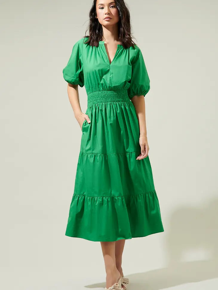 Puff Sleeve Midi Dress- Kelly Green