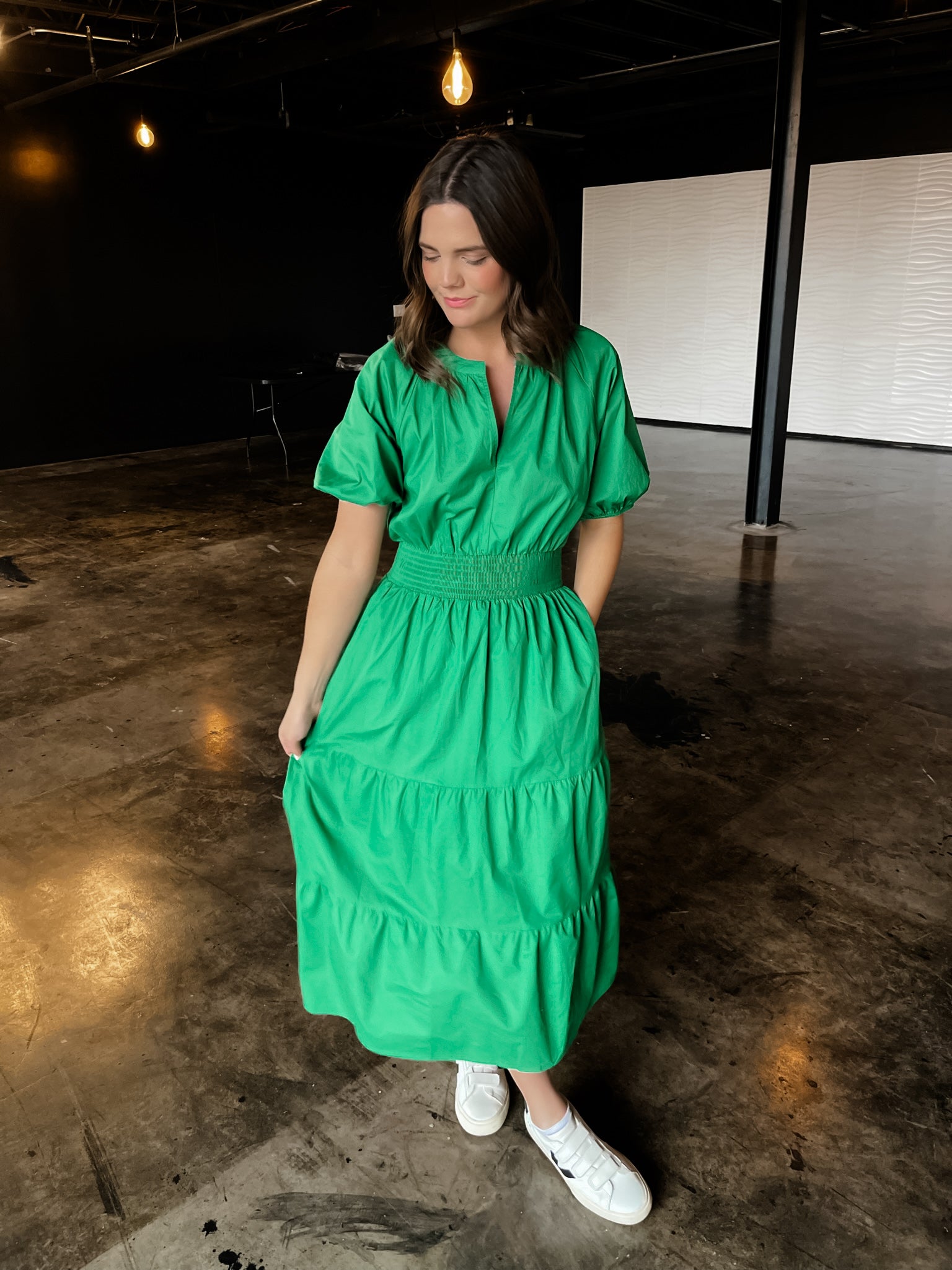 Puff Sleeve Midi Dress- Kelly Green