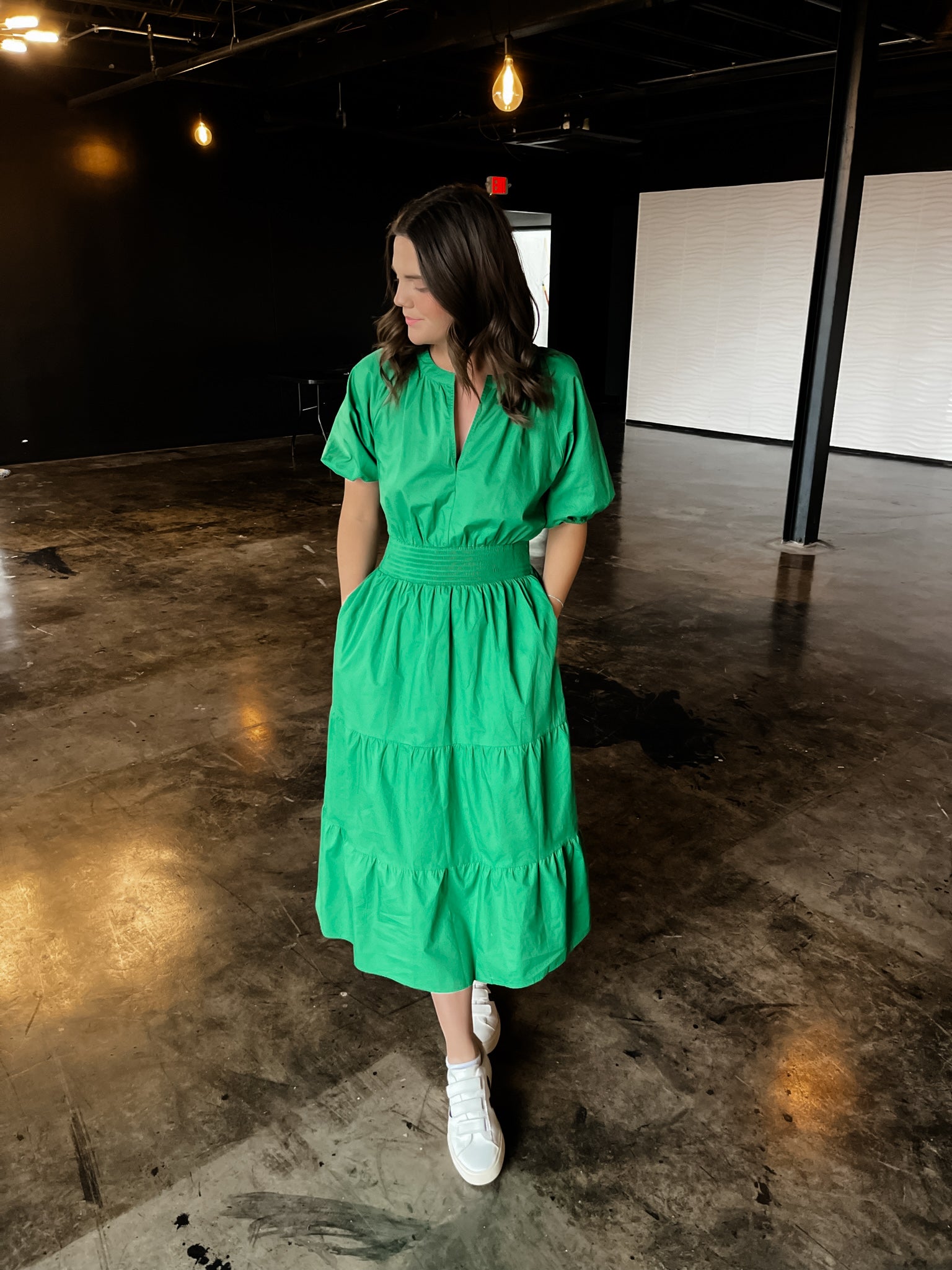 Puff Sleeve Midi Dress- Kelly Green