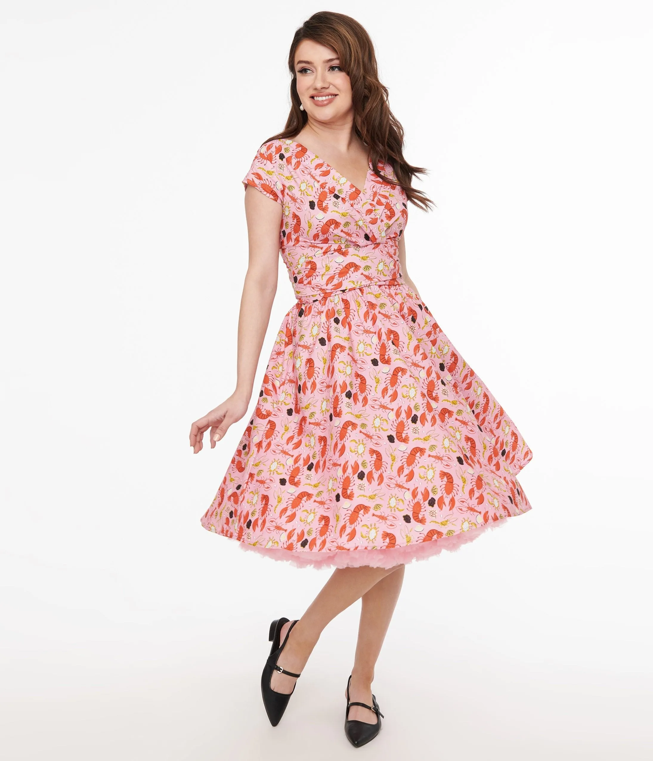 Retrolicious 1950s Pink & Red Lobster Print Cotton Greta Swing Dress