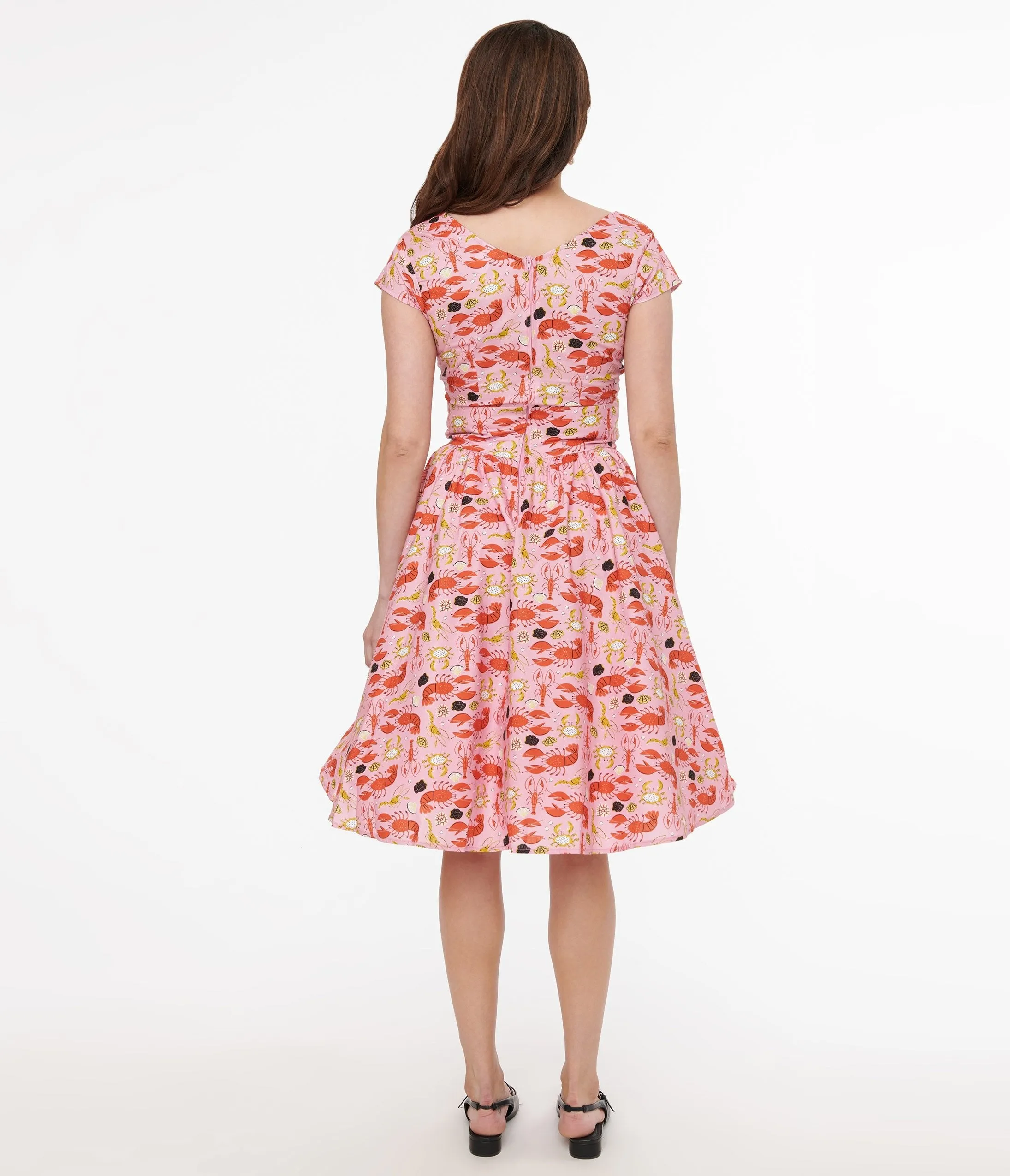 Retrolicious 1950s Pink & Red Lobster Print Cotton Greta Swing Dress