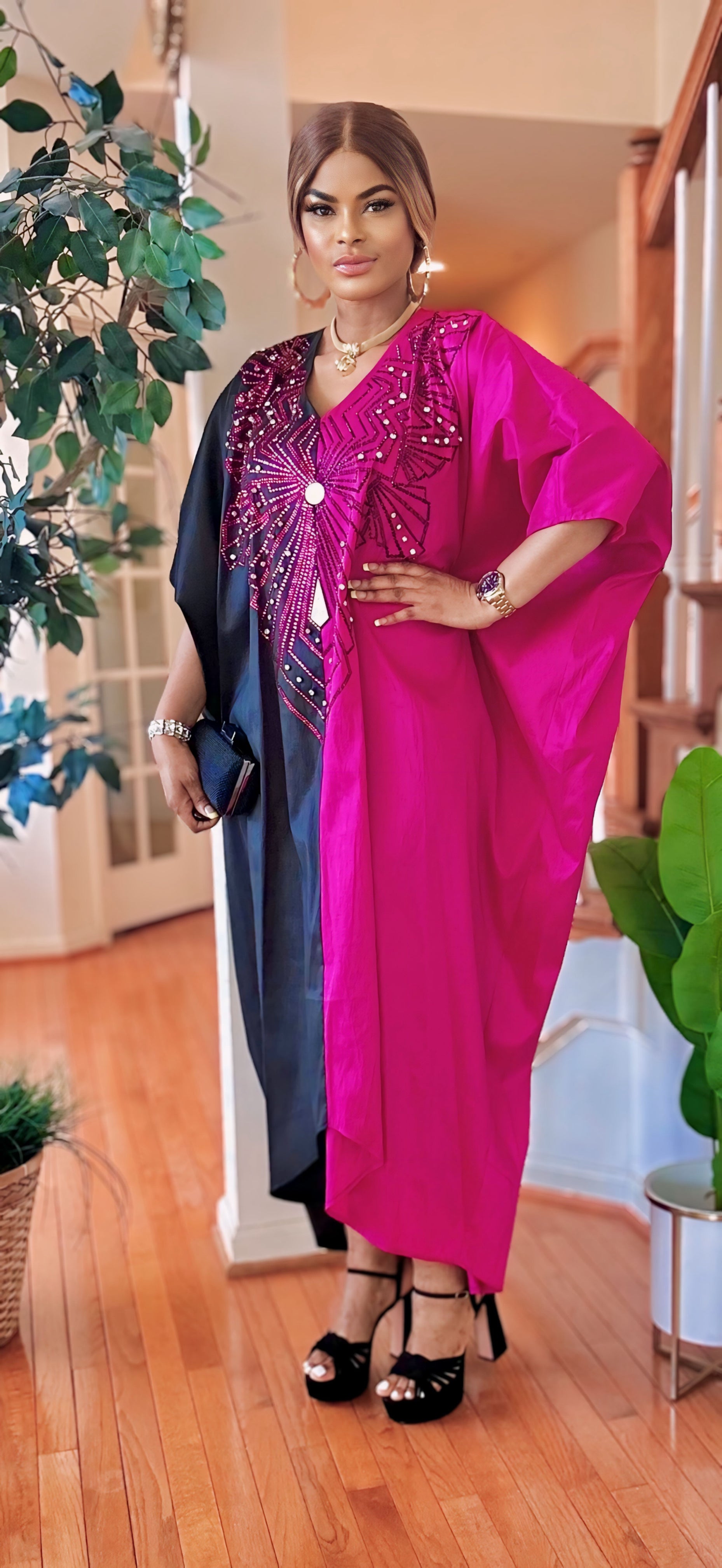 RHINESTONE KAFTAN MAXI DRESS(BLACK-PINK)