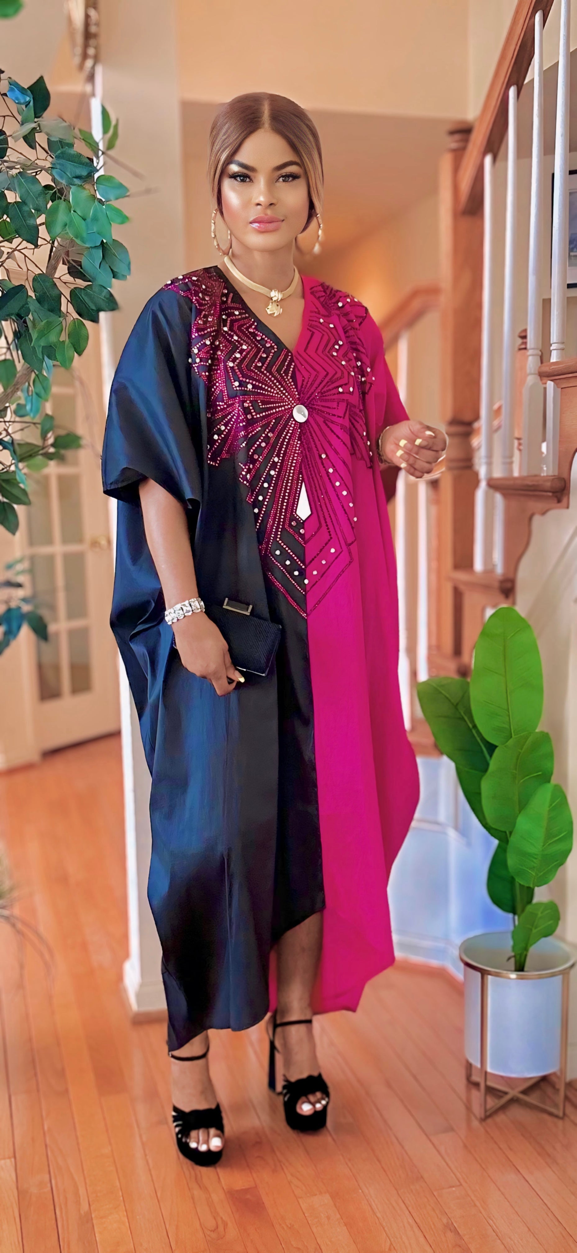 RHINESTONE KAFTAN MAXI DRESS(BLACK-PINK)