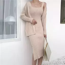 Ribbed Knit Midi Dress And Long Sleeve Sweater Robe Two Piece Set