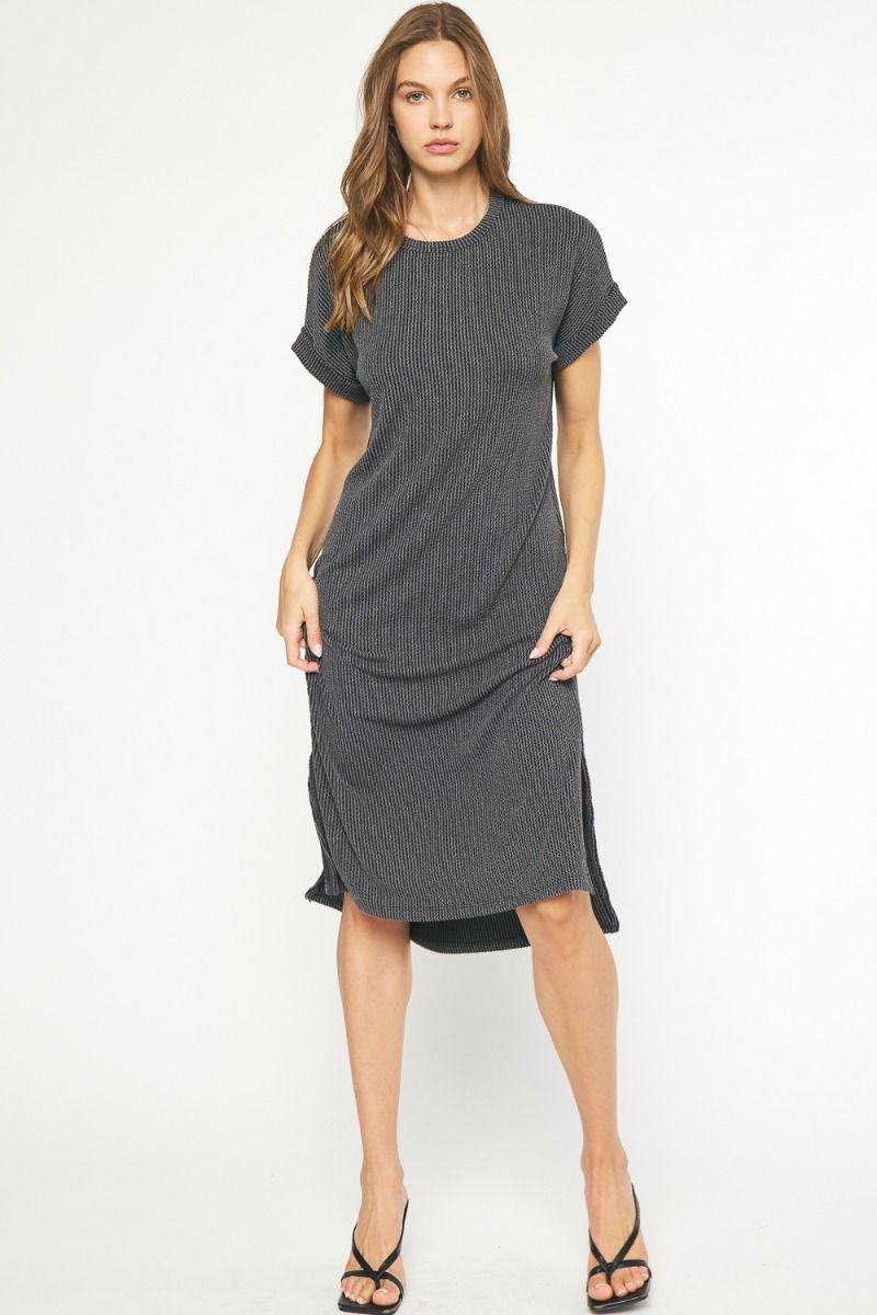 Ribbed Short Sleeve Mini Dress - Charcoal