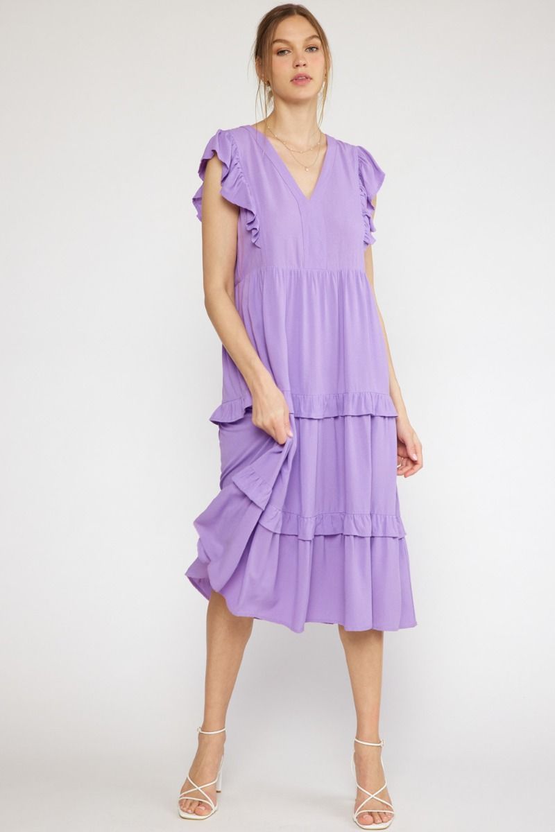 RUFFLE SLEEVE TIERED MIDI DRESS- LAVENDER