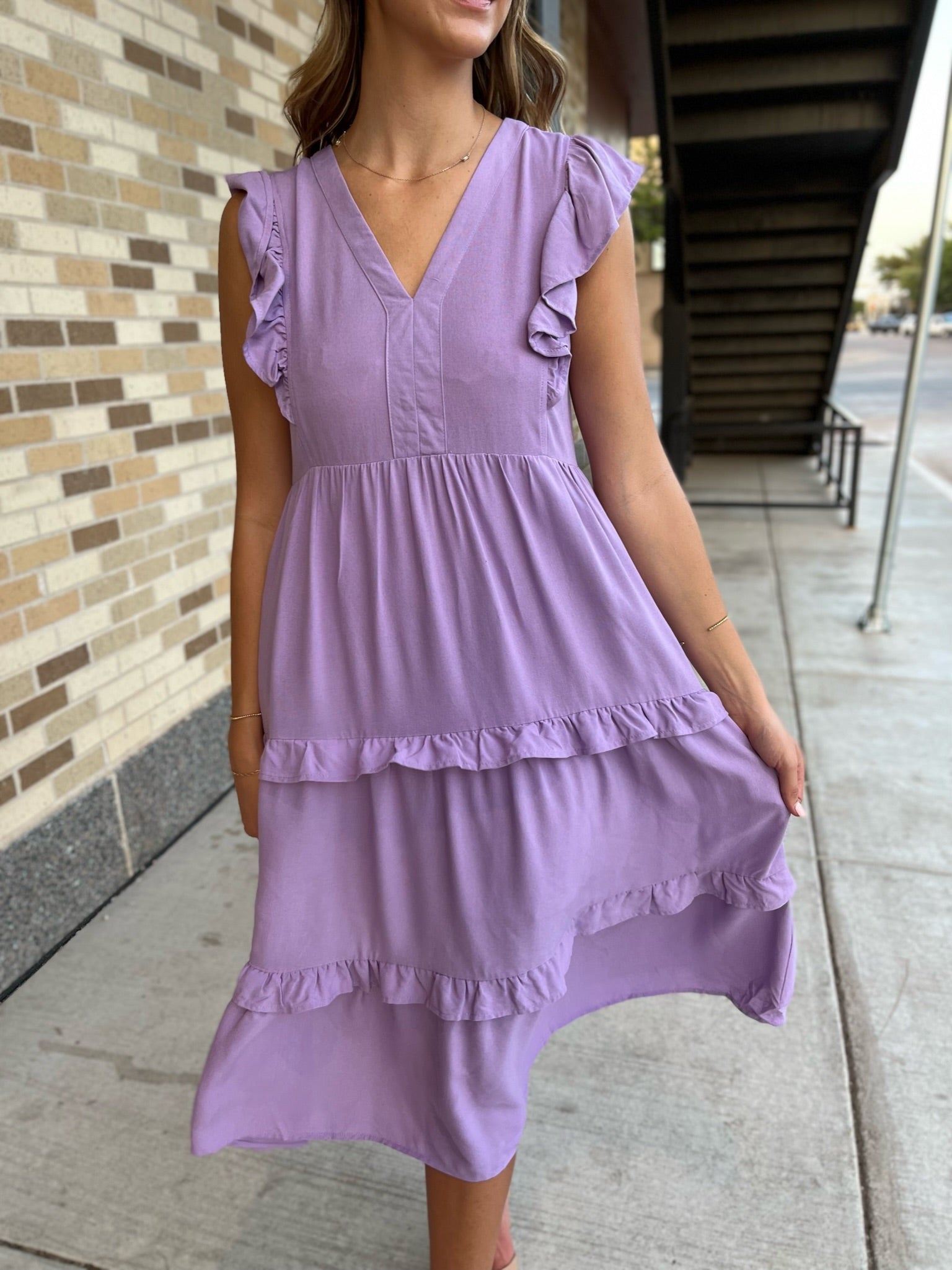 RUFFLE SLEEVE TIERED MIDI DRESS- LAVENDER