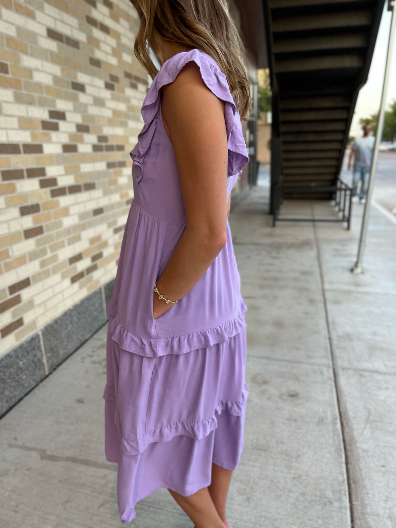 RUFFLE SLEEVE TIERED MIDI DRESS- LAVENDER