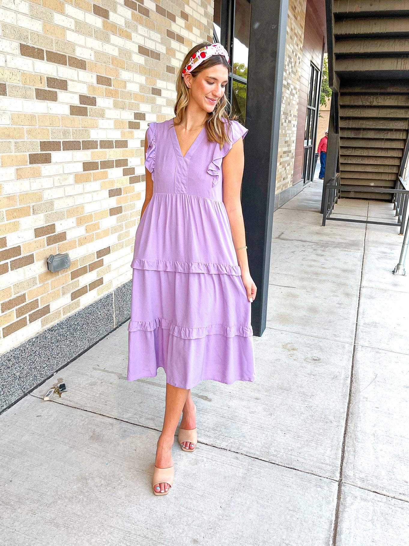 RUFFLE SLEEVE TIERED MIDI DRESS- LAVENDER