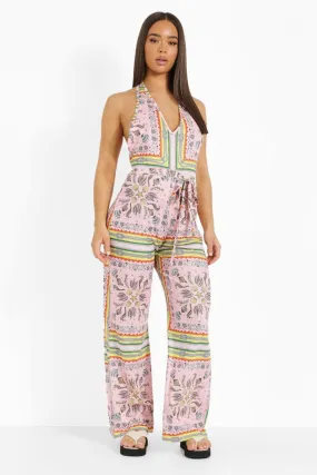 Scarf Print Halterneck Plunge Jumpsuit