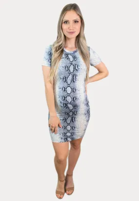 Snake Print Bodycon Maternity Dress in Blue