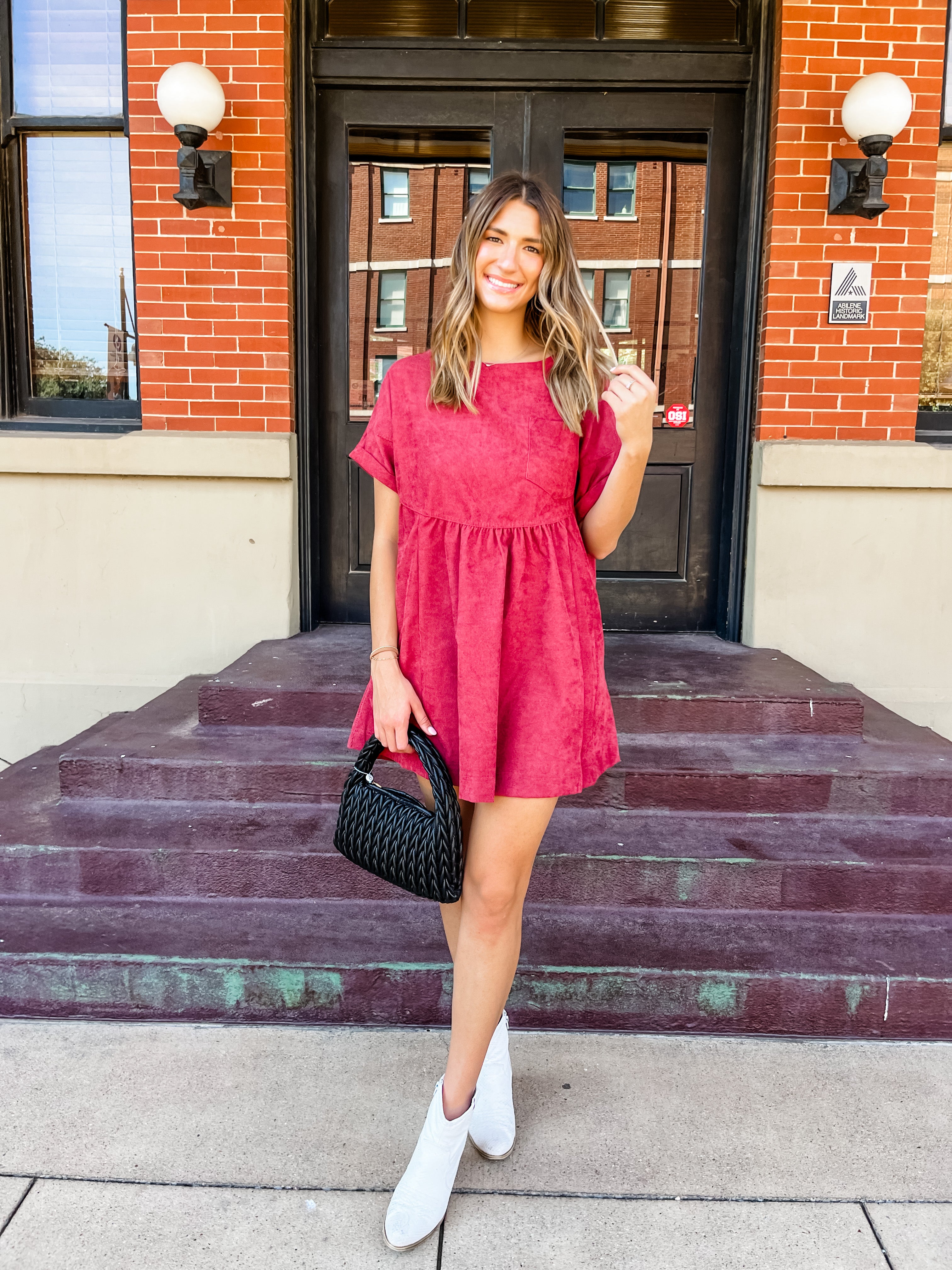 Solid Corduroy Short Sleeve Mini Dress- Cranberry