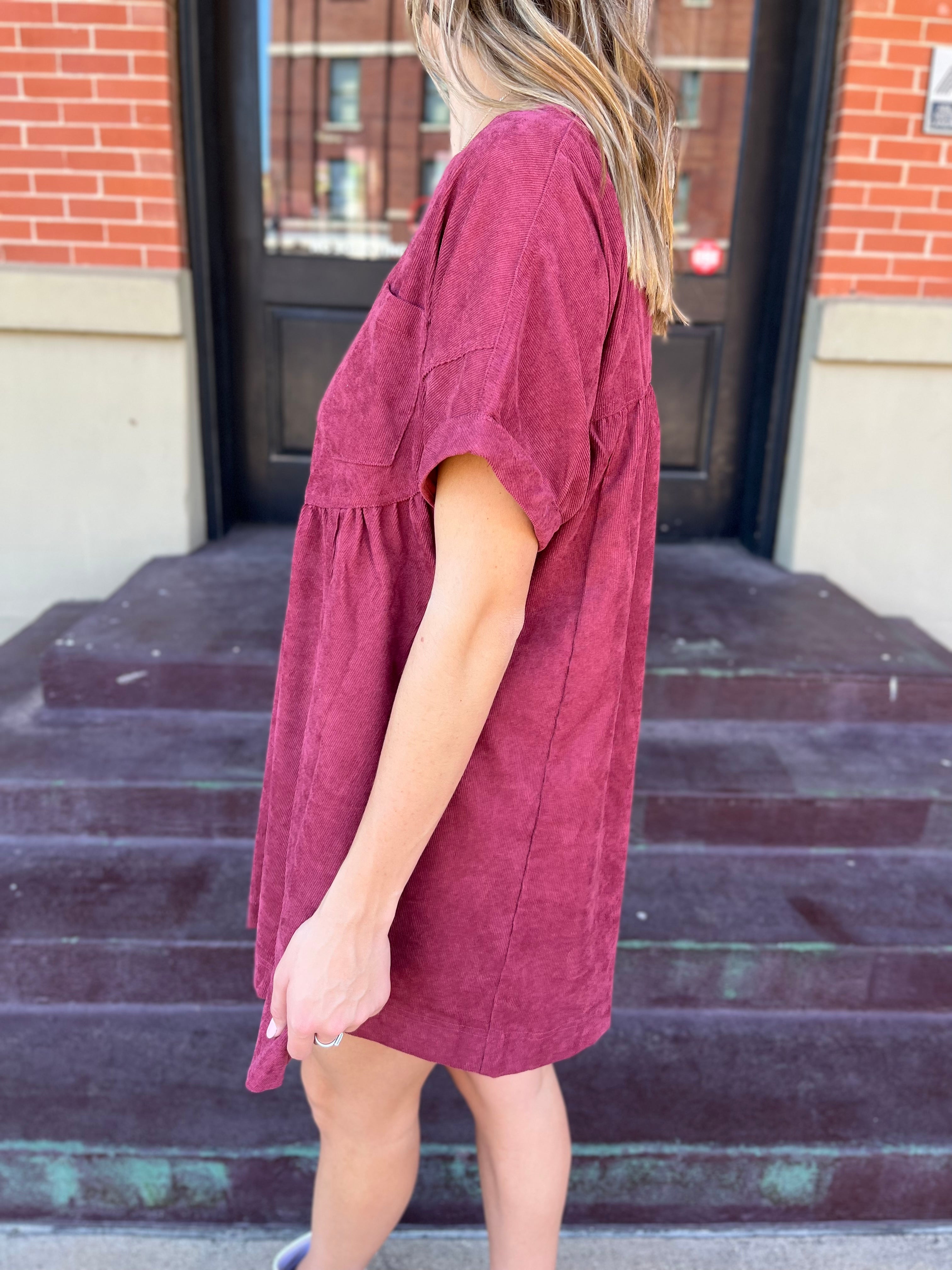 Solid Corduroy Short Sleeve Mini Dress- Cranberry