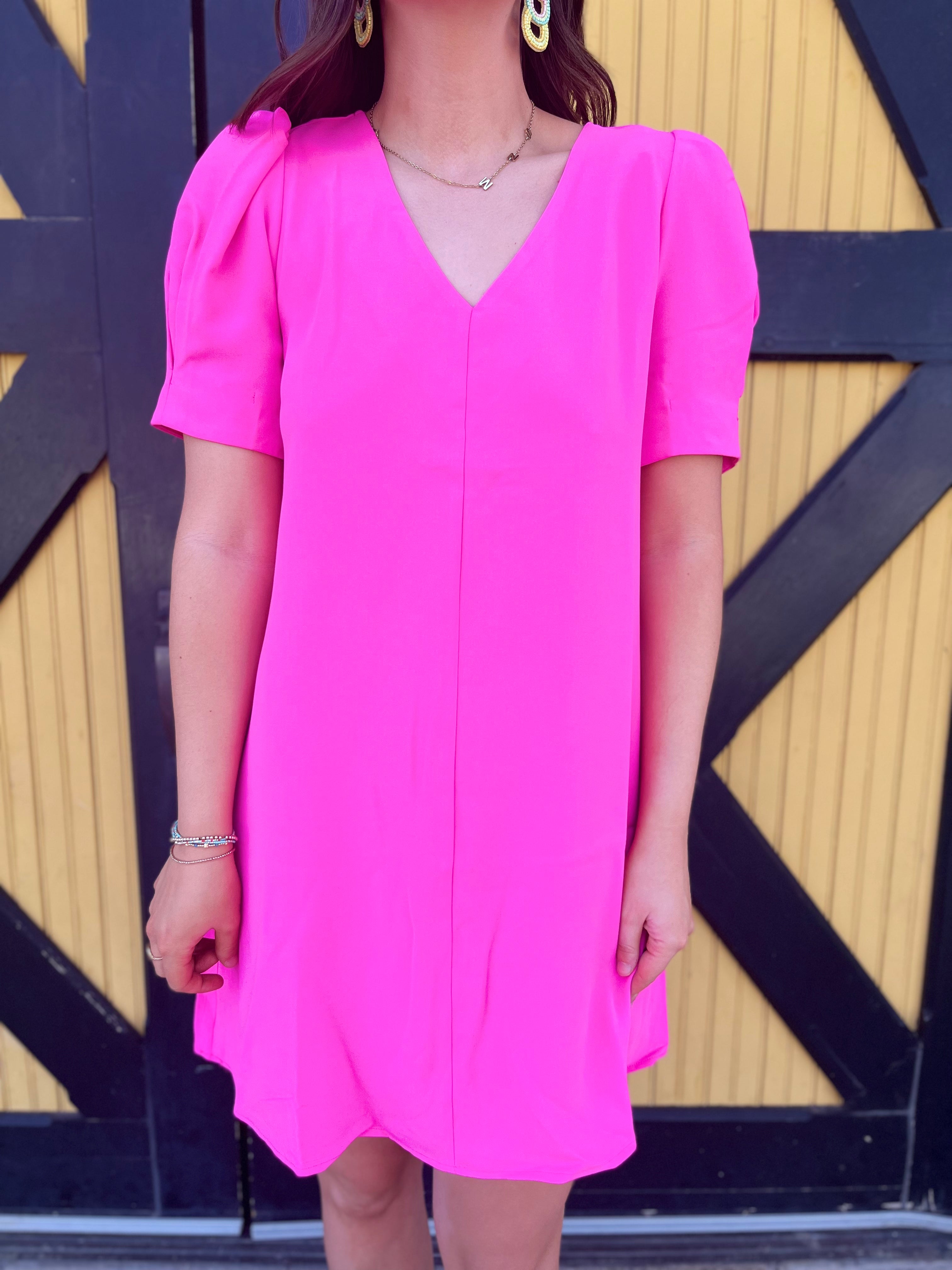 Solid Puff Sleeve Dress - Hot Pink