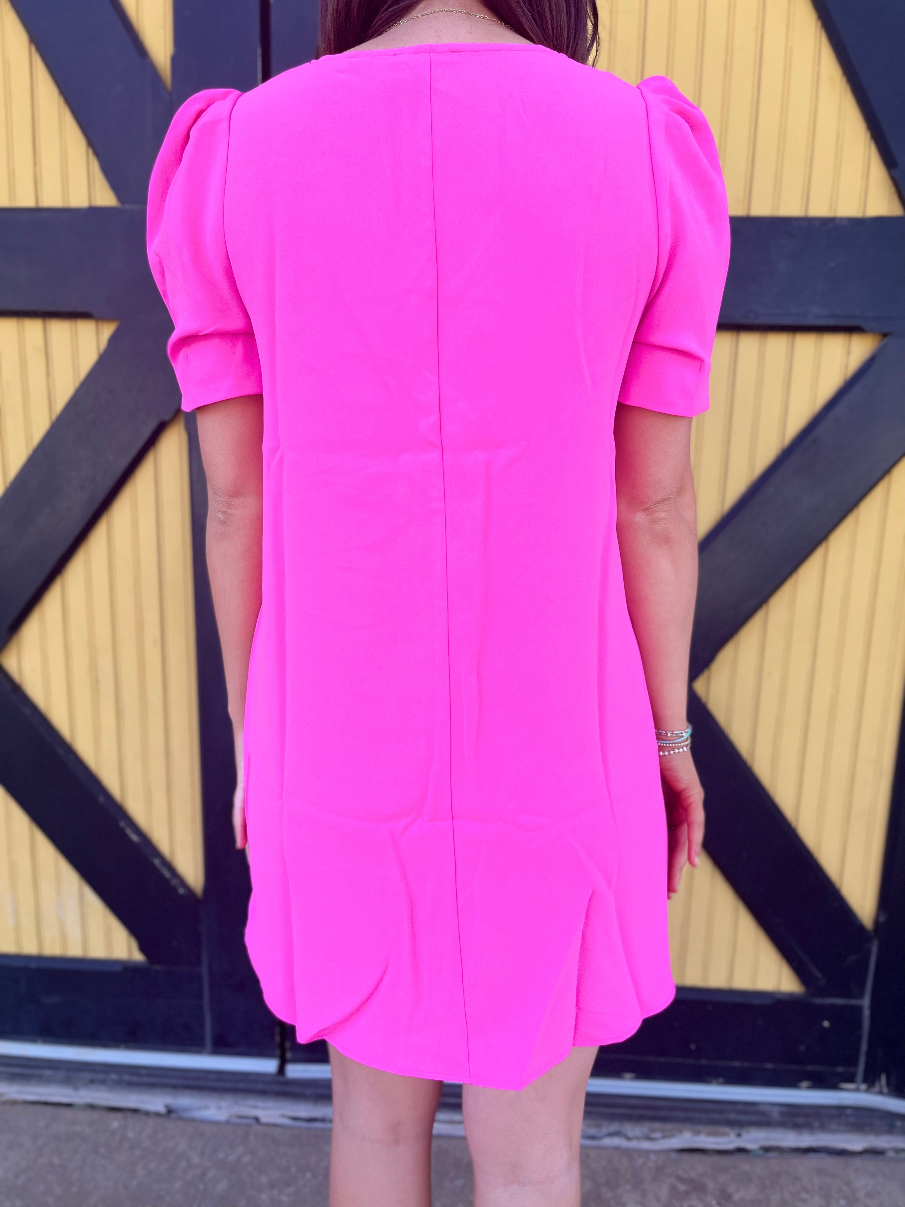 Solid Puff Sleeve Dress - Hot Pink