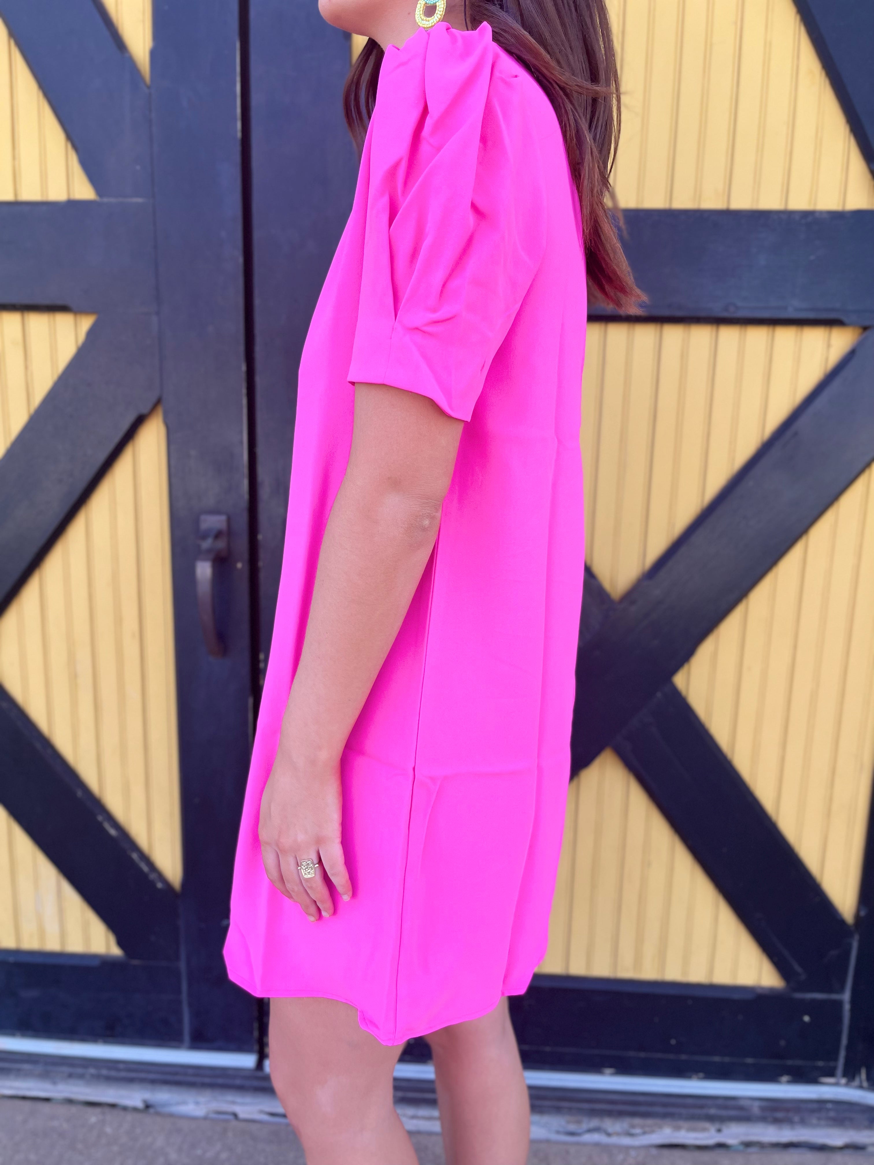 Solid Puff Sleeve Dress - Hot Pink