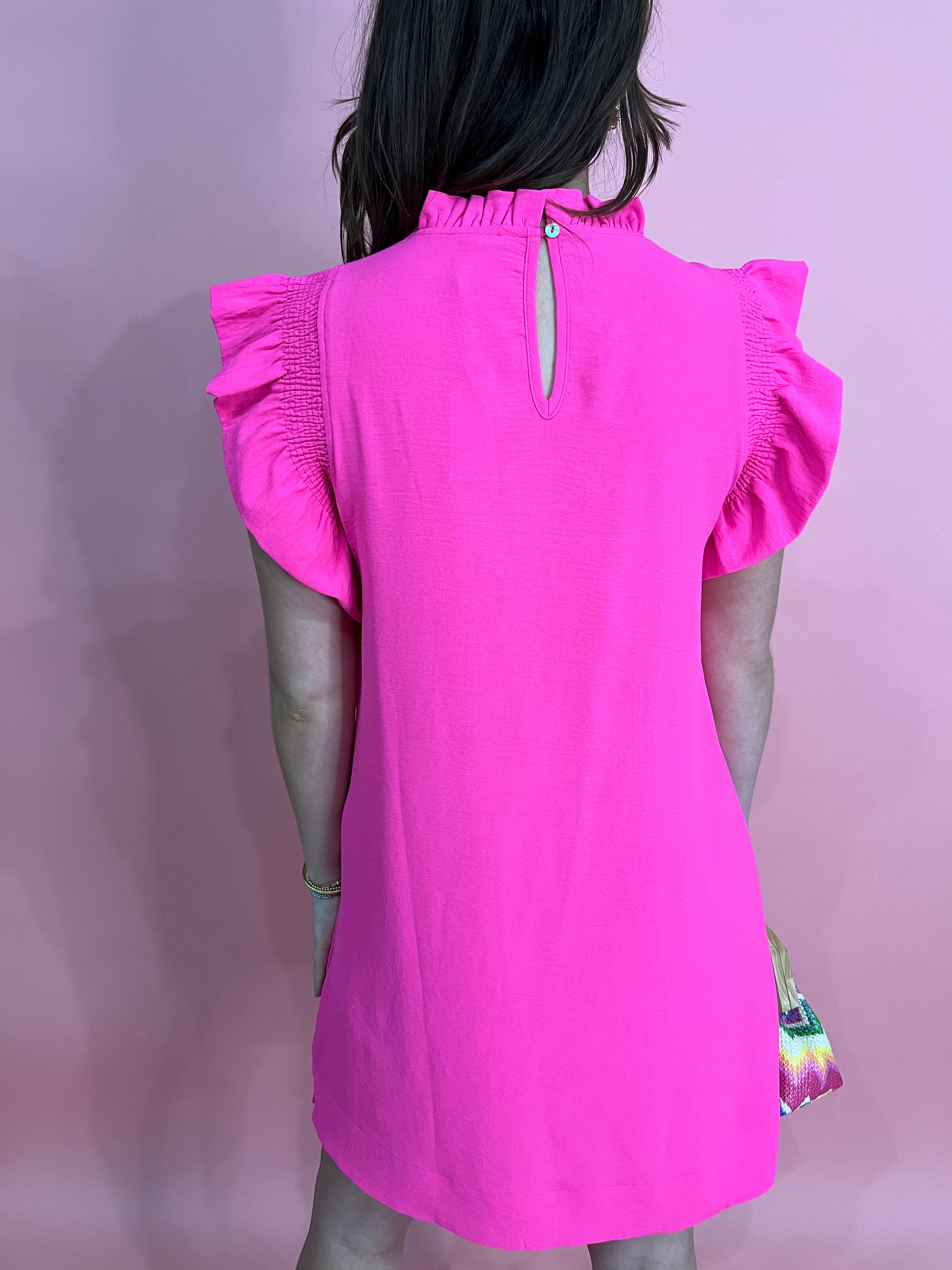 Solid Ruffle Cap Sleeve Dress - Hot Pink