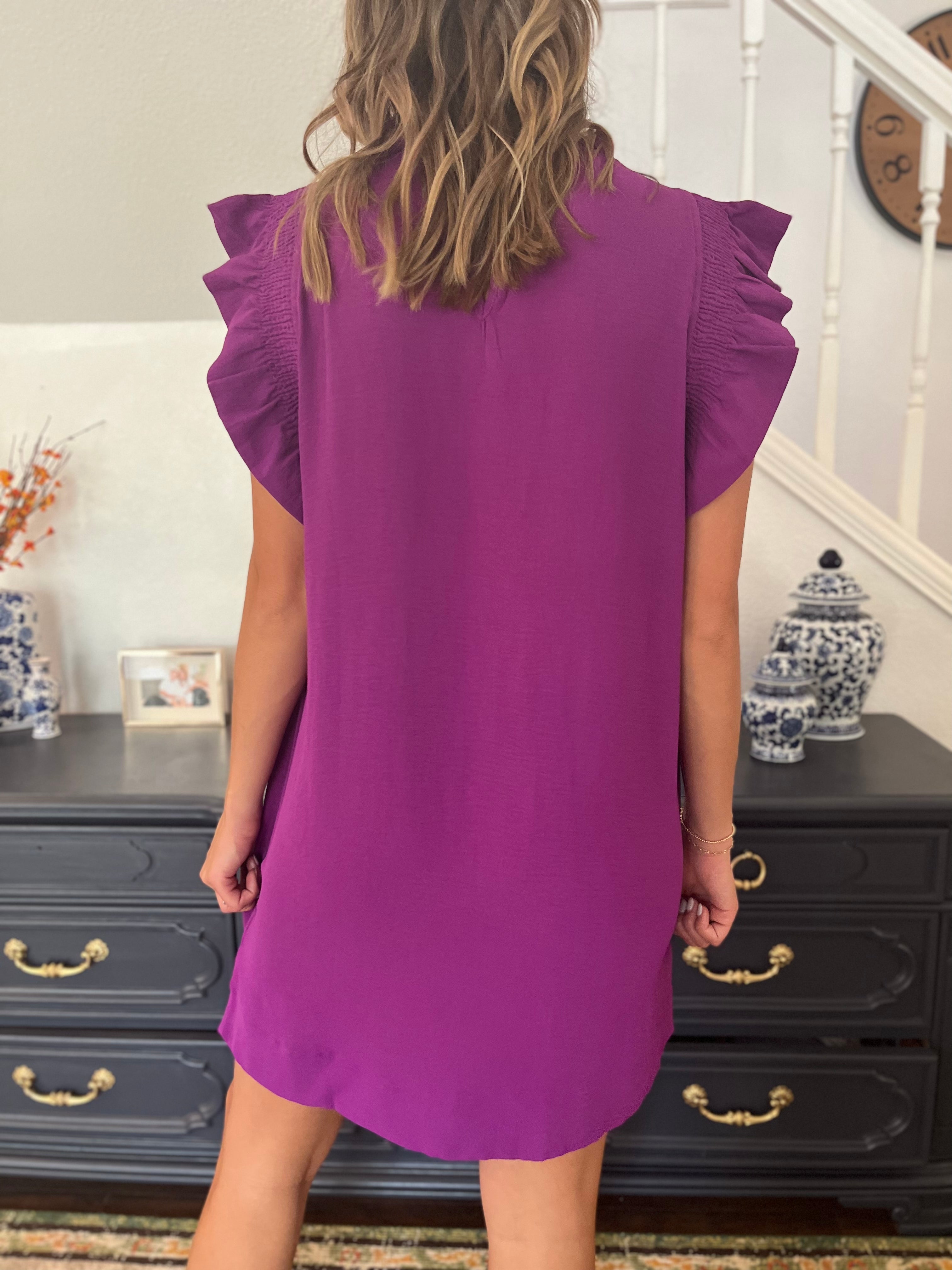 Solid Ruffle Cap Sleeve Dress- Purple