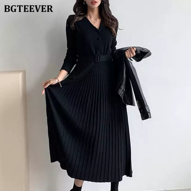 Sweater Dress 2021 Autumn Winter Knitted Belted Female A-line soft dresses