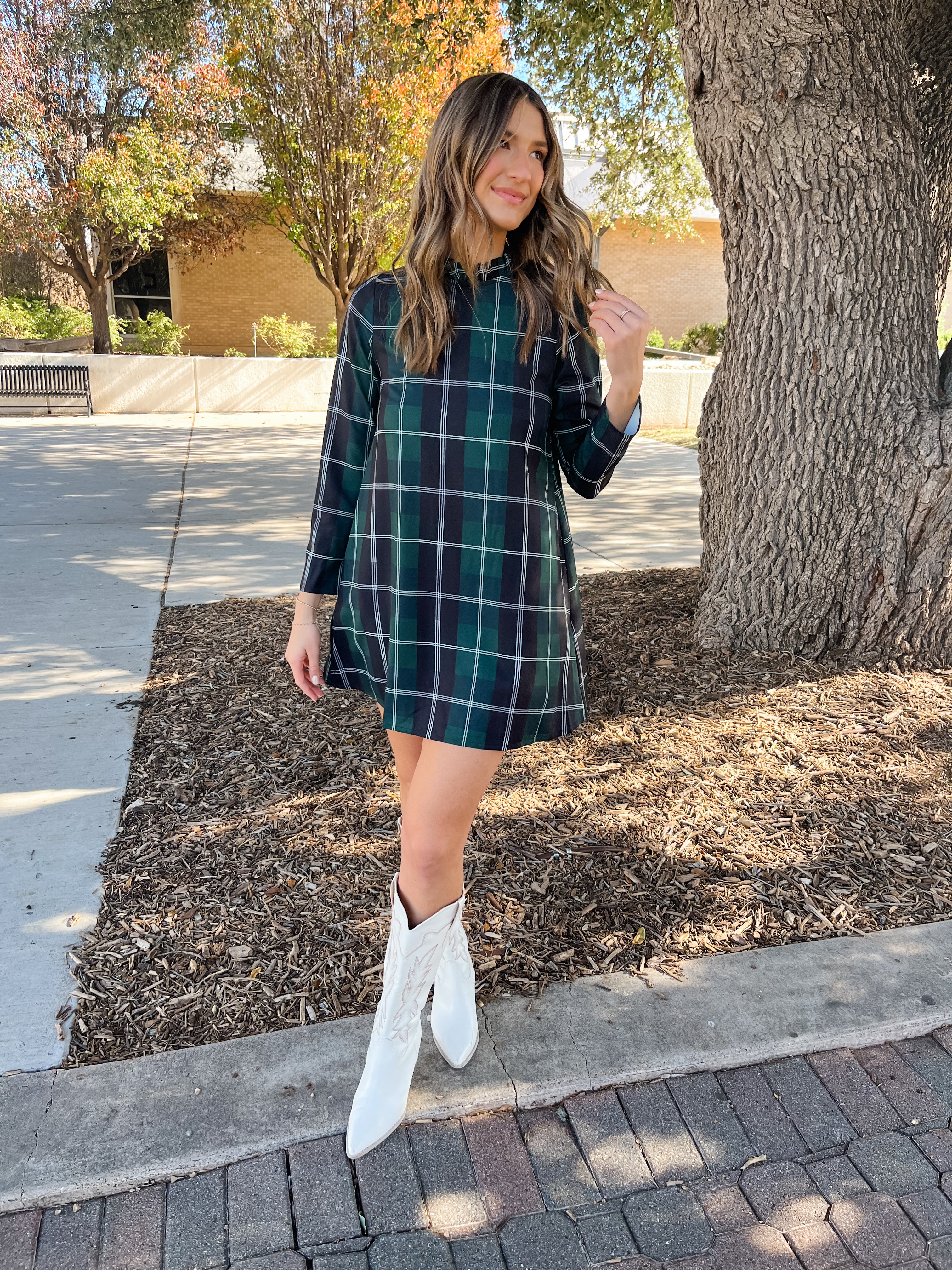 Sweet Beyond Long Sleeve Plaid Mini Dress- Emerald White