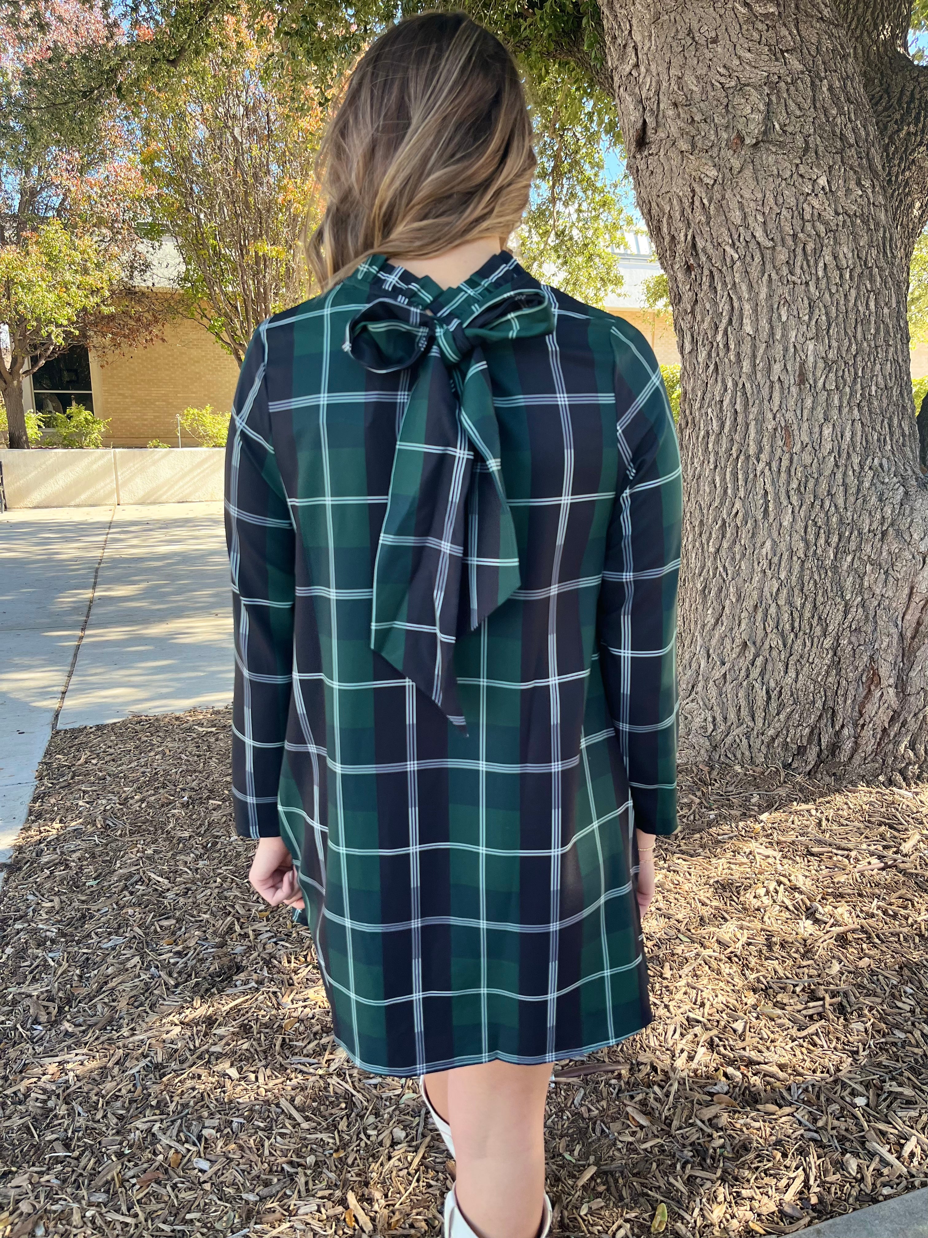 Sweet Beyond Long Sleeve Plaid Mini Dress- Emerald White