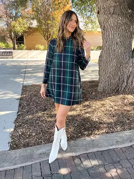 Sweet Beyond Long Sleeve Plaid Mini Dress- Emerald White