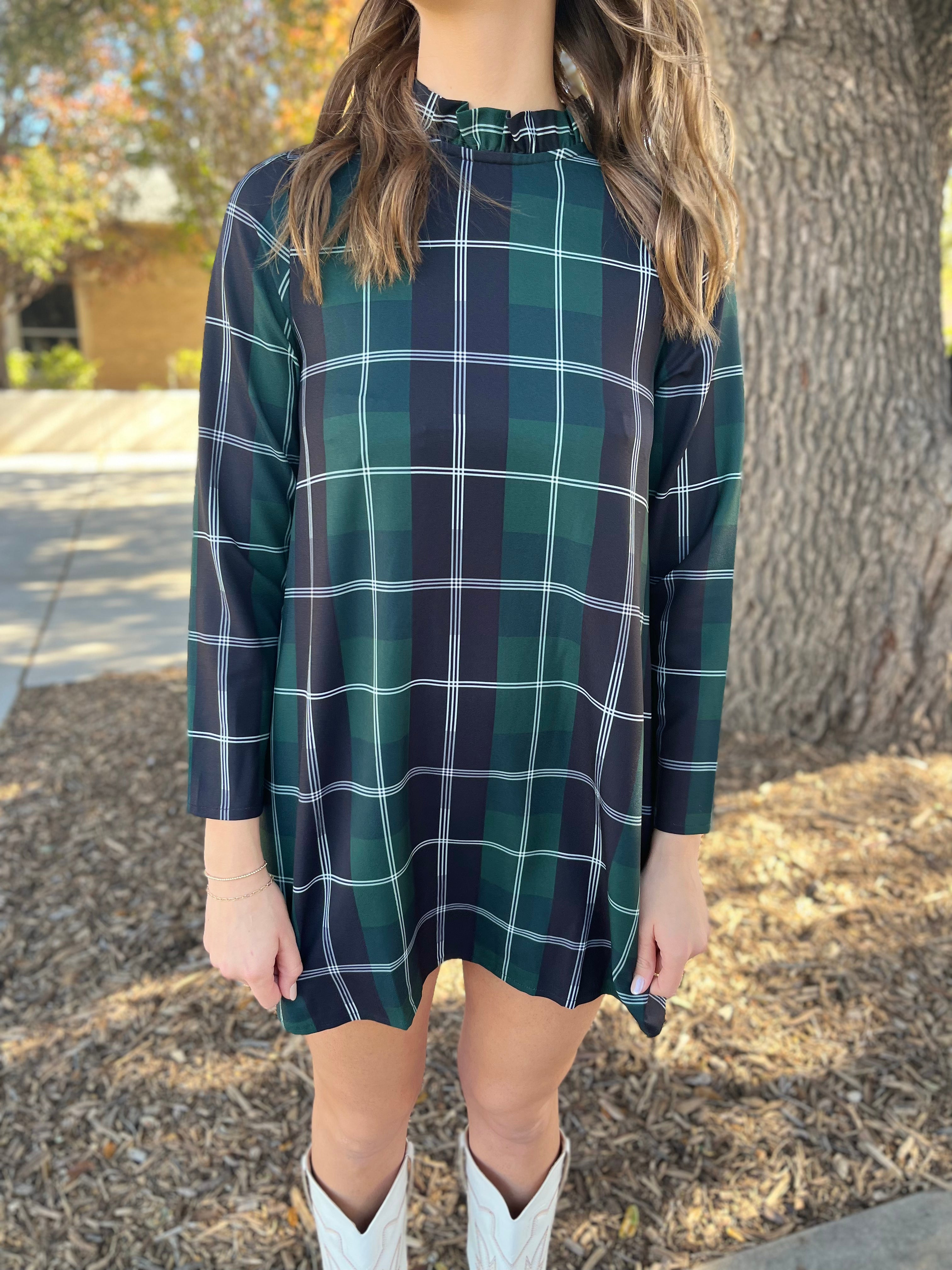 Sweet Beyond Long Sleeve Plaid Mini Dress- Emerald White